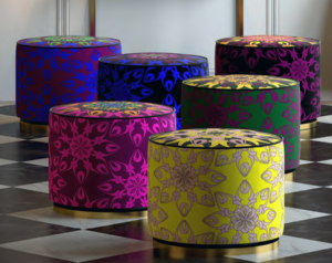 Poufs design collection Ibiza par Alessandro Luciani – mobilier décoratif italien haut de gamme aux motifs méditerranéens