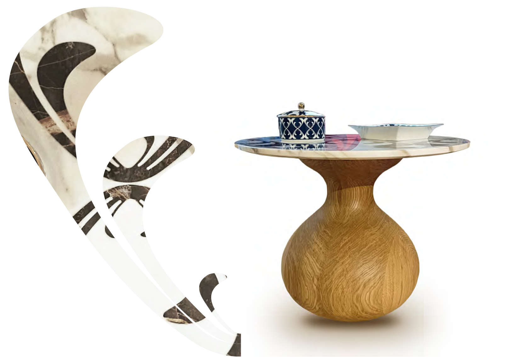 Table basse Aladdin avec plateau en marbre et base en chêne massif design Alessandro Luciani