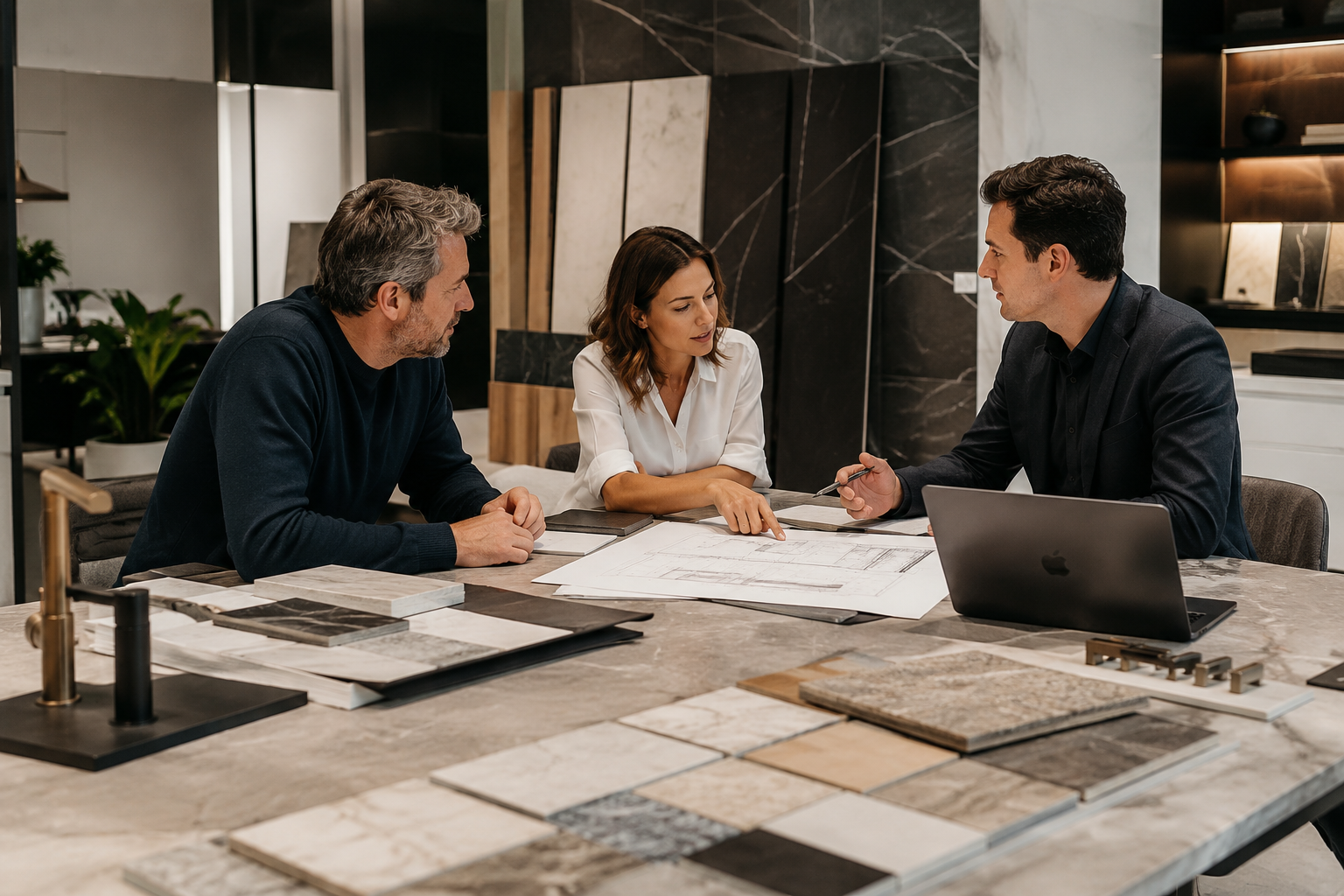 Réunion de travail entre un représentant commercial, un architecte et un dirigeant autour d'un projet, avec des plans, un ordinateur et des échantillons de matériaux dans un showroom contemporain. AGianni Concept