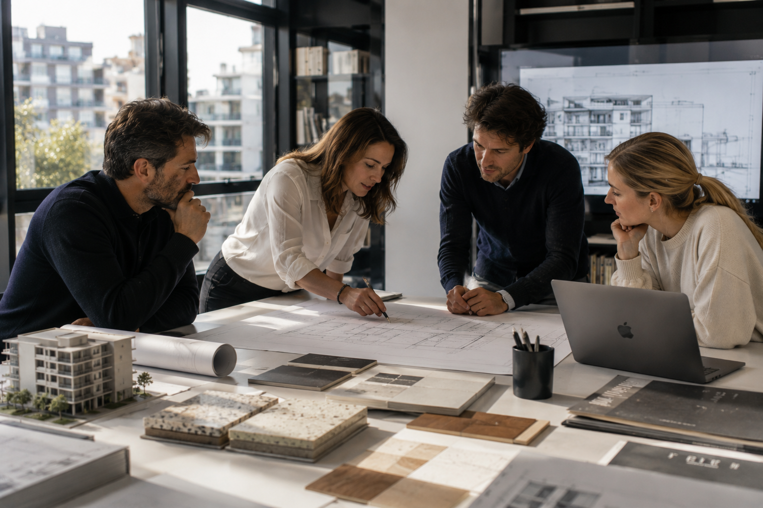 Réunion entre architectes et professionnels de l'aménagement autour d'un projet d'architecture avec plans, maquettes et échantillons de matériaux.