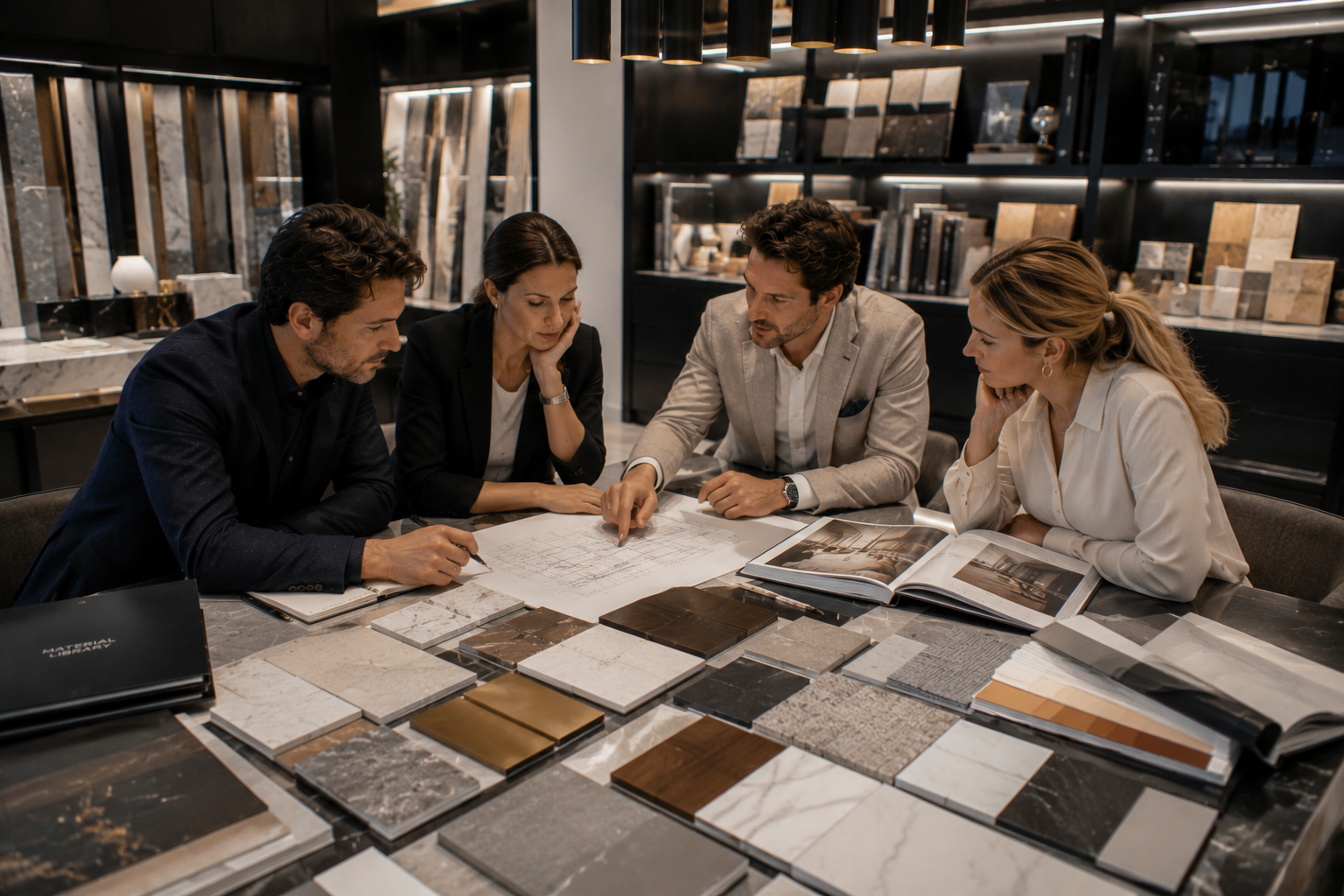 Professionnels étudiant des plans, des matériaux et des finitions dans une matériauthèque dédiée au design et à l’aménagement premium.