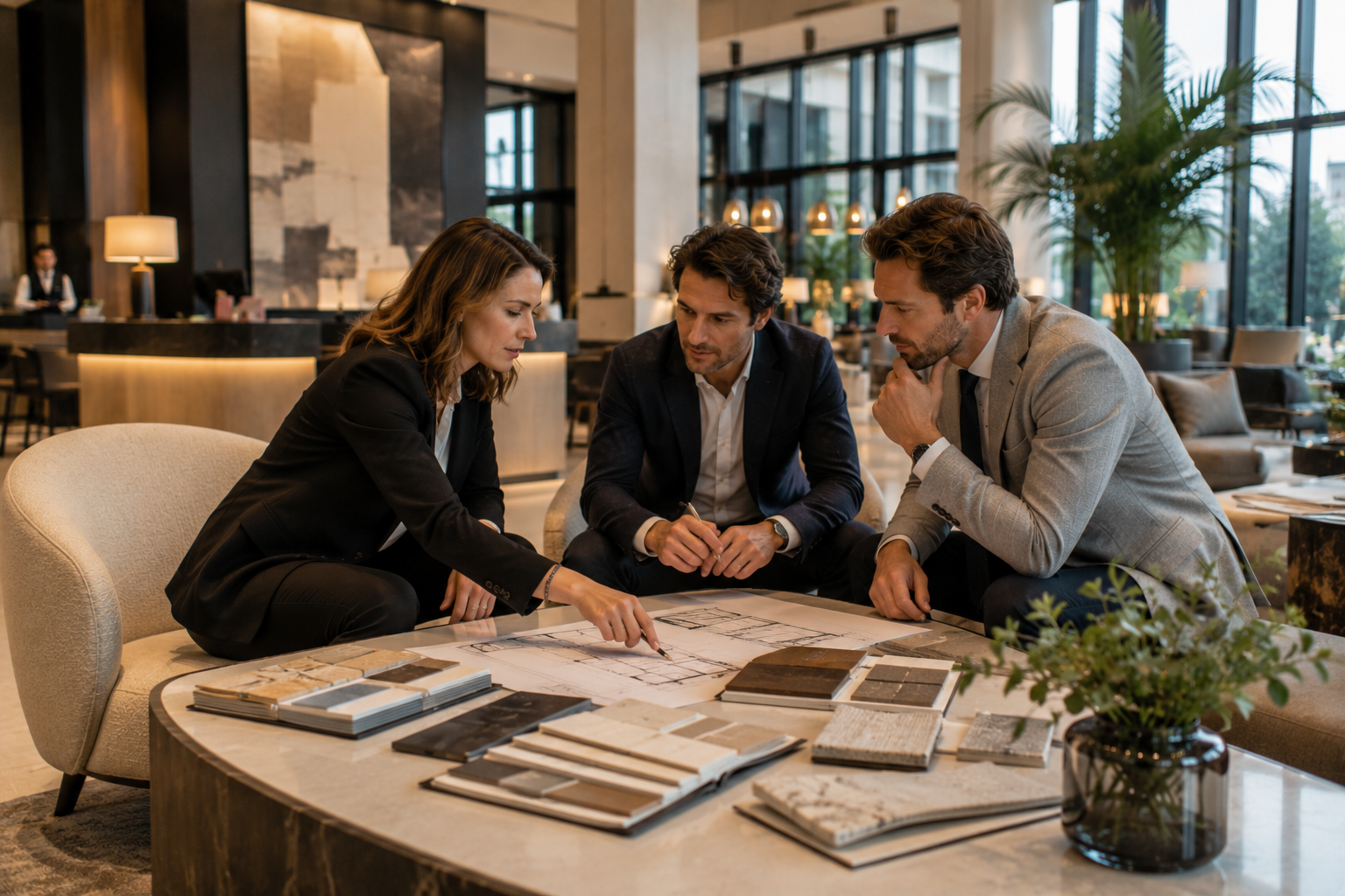 Professionnels échangeant autour des plans et des matériaux d'un projet de rénovation et d'aménagement haut de gamme dans un établissement premium.