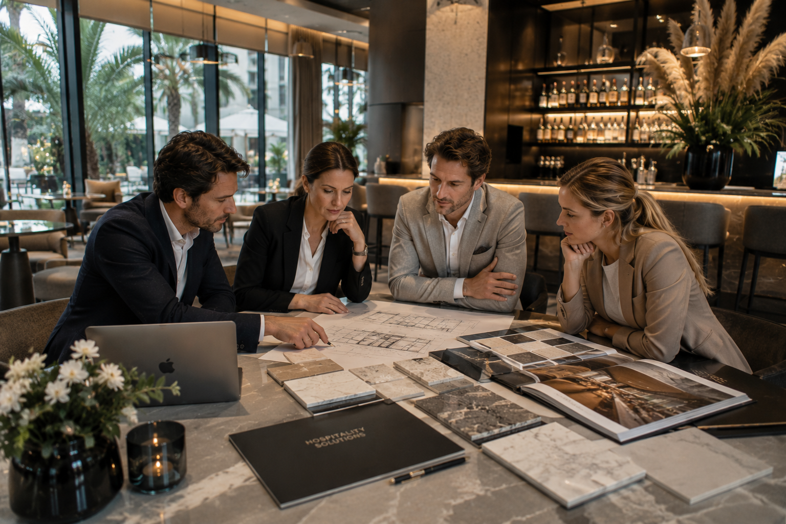 Réunion entre des professionnels de l'hôtellerie, de l'architecture et de l'aménagement autour d'un projet d'hôtel haut de gamme avec plans et échantillons de matériaux.