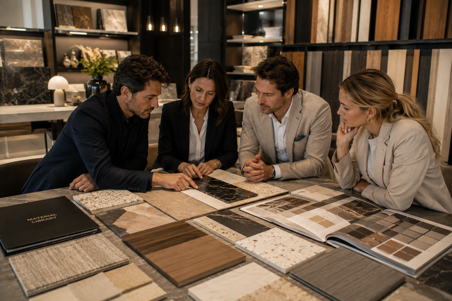 Professionnels étudiant des échantillons de matériaux et de finitions dans un showroom haut de gamme.