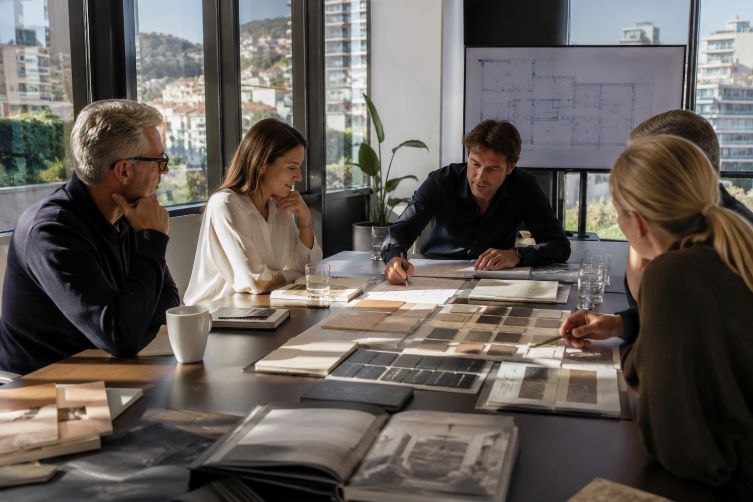 Réunion entre des professionnels de l'architecture et de l'aménagement lors d'un projet de développement commercial à Monaco et sur la Côte d'Azur.