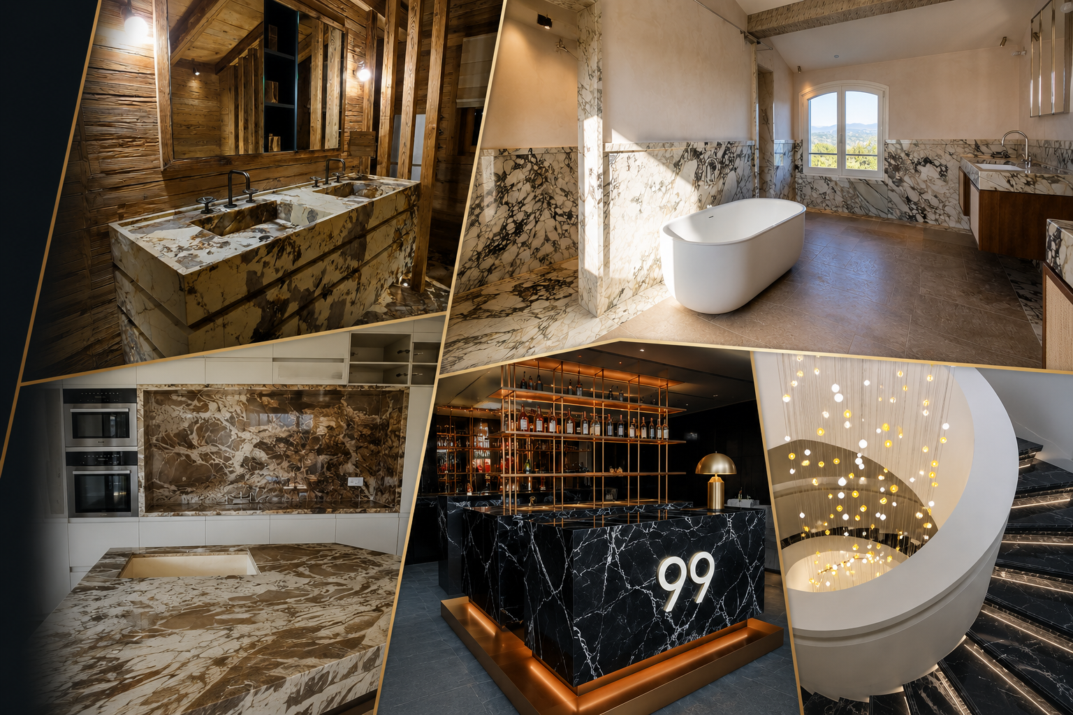 Montage de réalisations haut de gamme illustrant des projets de cuisines, salles de bains, hôtellerie, commerces et aménagements en pierre naturelle accompagnés par AGianni Concept à Monaco, sur la Côte d'Azur et dans le Var.
